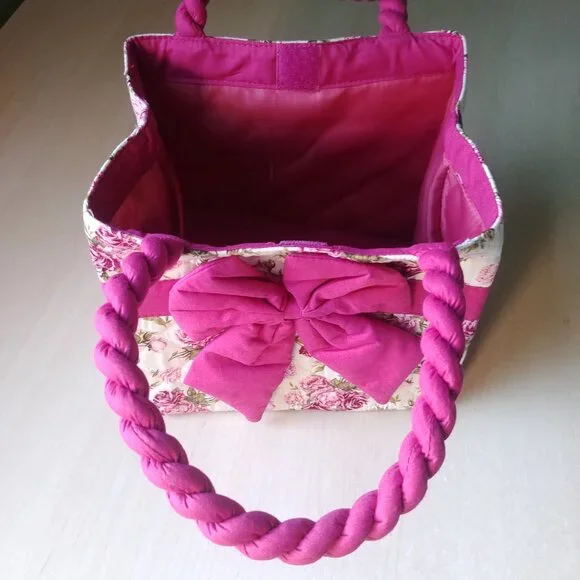 100% cotton white with pink and green floral pattern tote bag - Picture 7 of 13